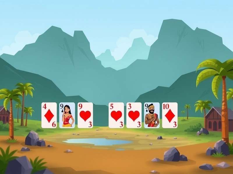 Hand playing Klondike Solitaire with cards on wooden table