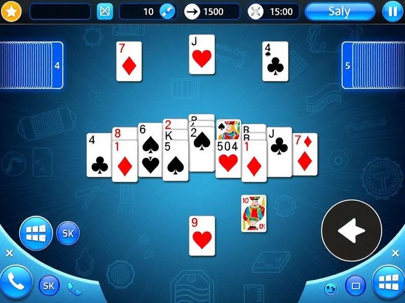 Hand playing Klondike Solitaire on a wooden table with cards spread out