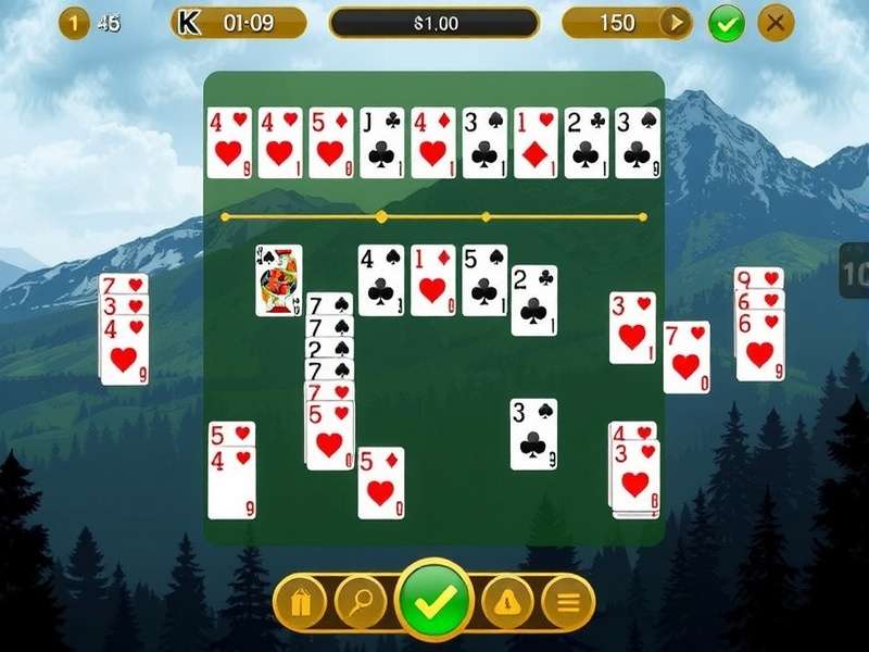 A hand arranging cards in a game of Klondike Solitaire on a wooden table