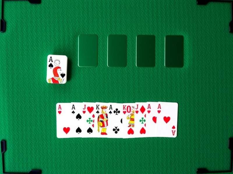 Close-up of classic green felt card table with a solitaire game in progress