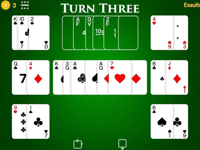 Klondike Solitaire Turn Three game layout on classic green felt table with cards arranged in tableau