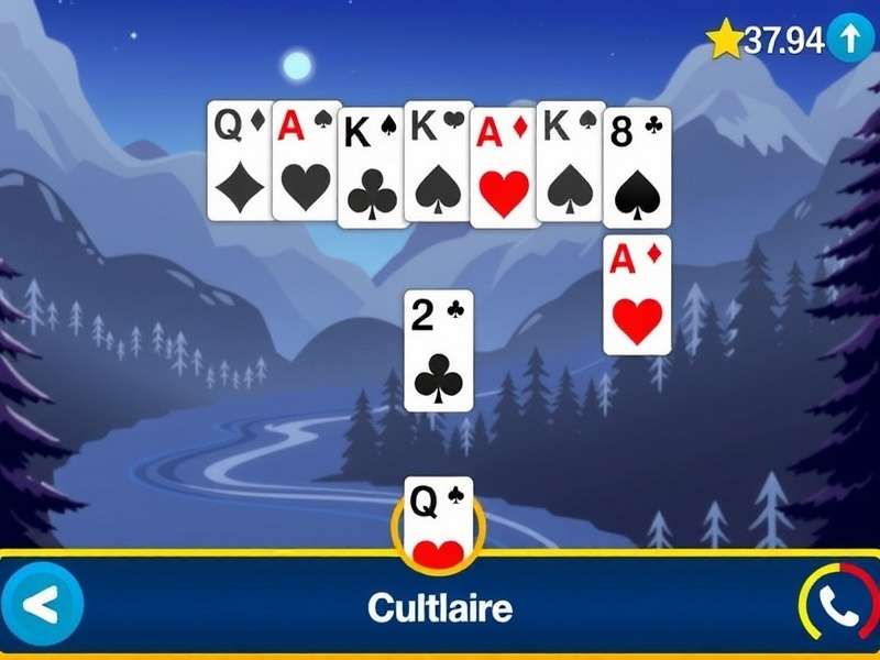 A classic Klondike Solitaire card game setup on a wooden table with cards arranged in columns