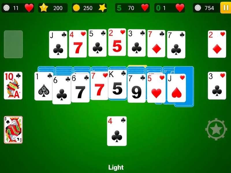 Klondike Solitaire Turn One Game Green – green felt layout with cards arranged in the classic seven-column tableau