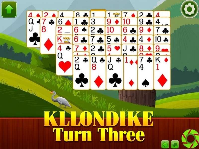 Klondike Solitaire Turn Three game interface showing tableau, stockpile with three-card draw, and foundation piles.