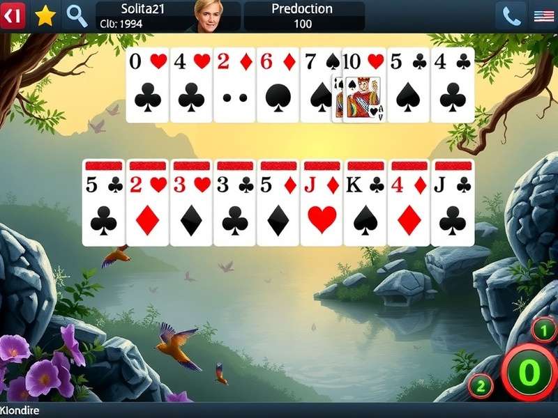 Klondike Solitaire Turn Three game layout on a wooden table with cards spread in foundations and tableau